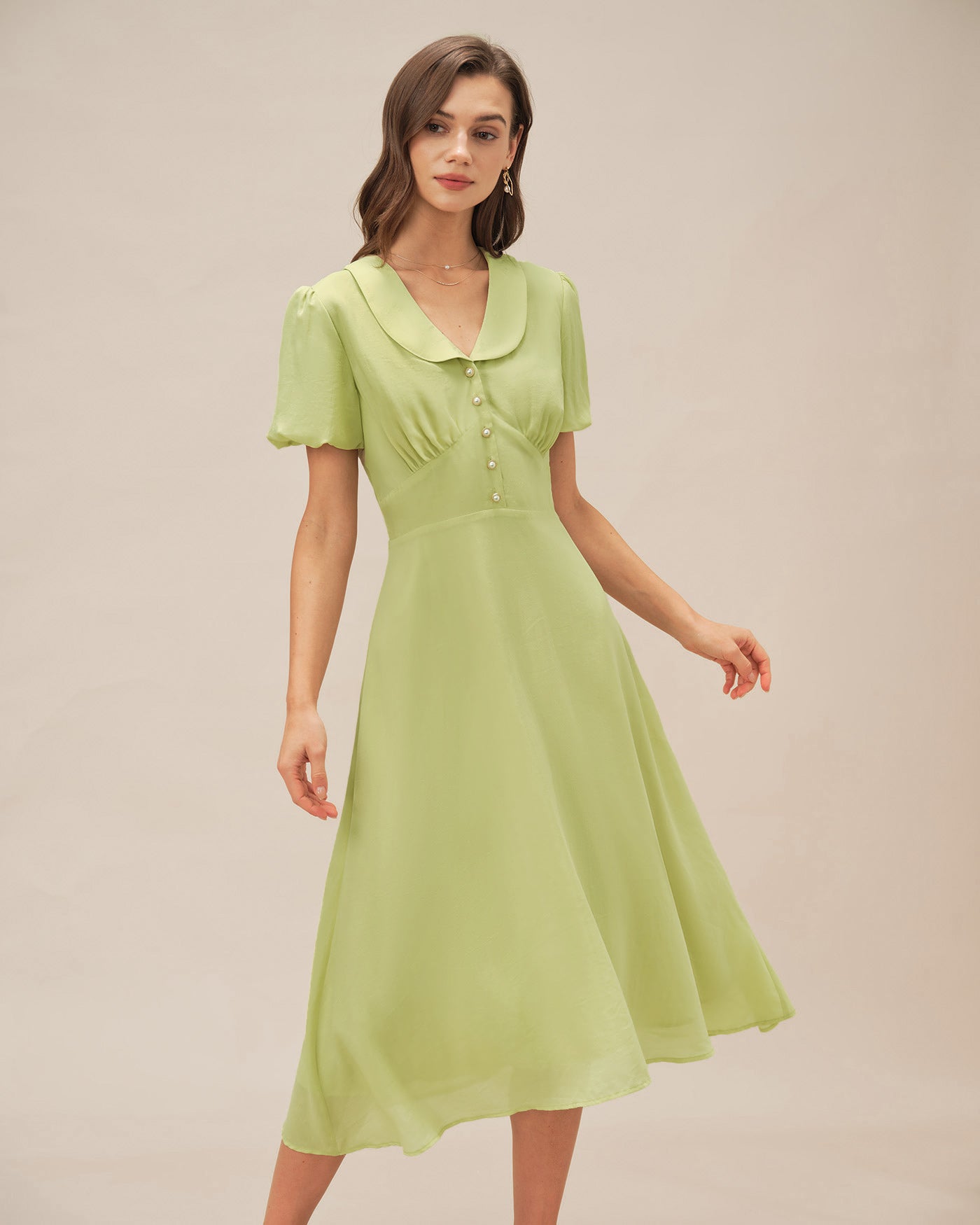 Green Collar Button Midi Dress