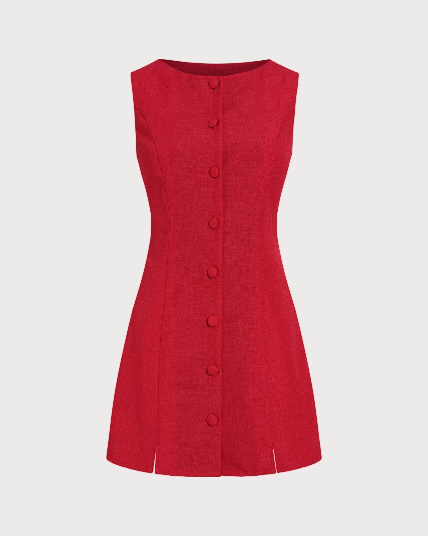 Red Boat Neck Button Mini Dress