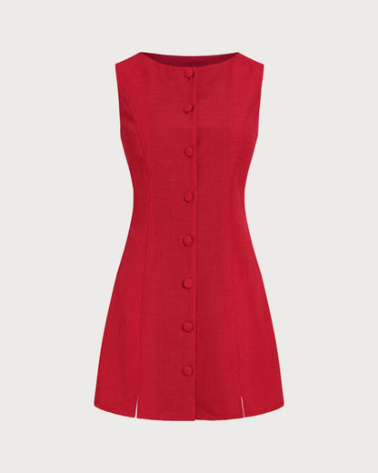 Red Boat Neck Button Mini Dress