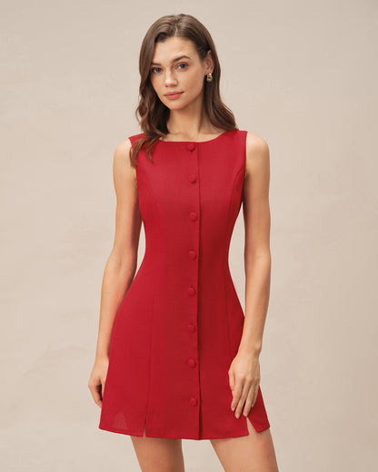 Red Boat Neck Button Mini Dress