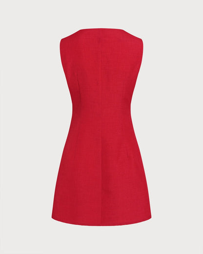 Red Boat Neck Button Mini Dress